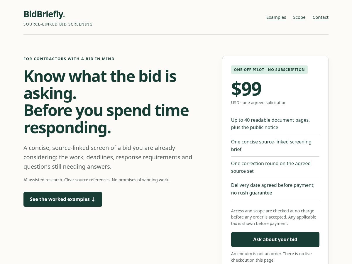 Landing-page snapshot of bidbriefly.com
