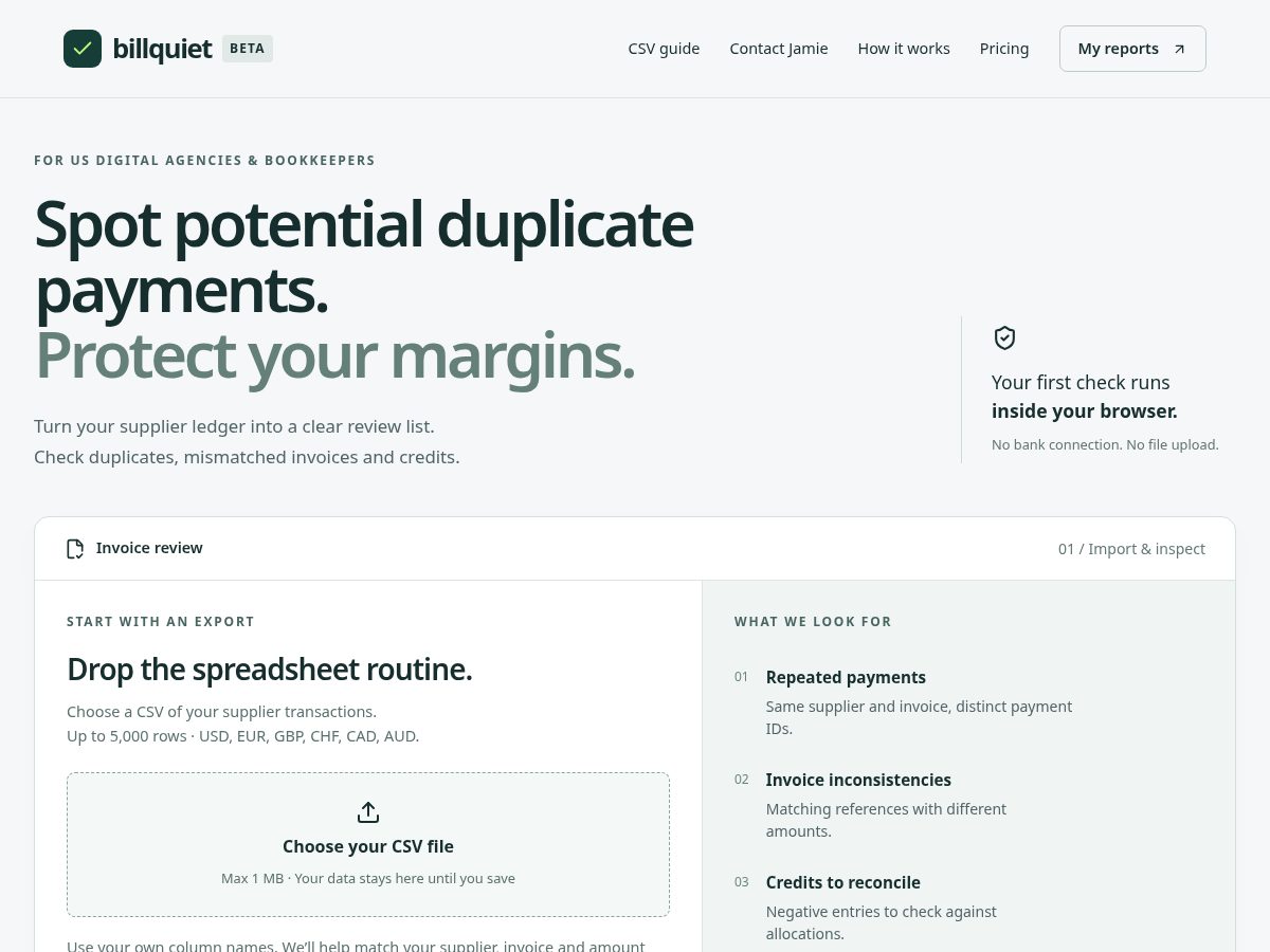 Landing-page snapshot of billquiet.com