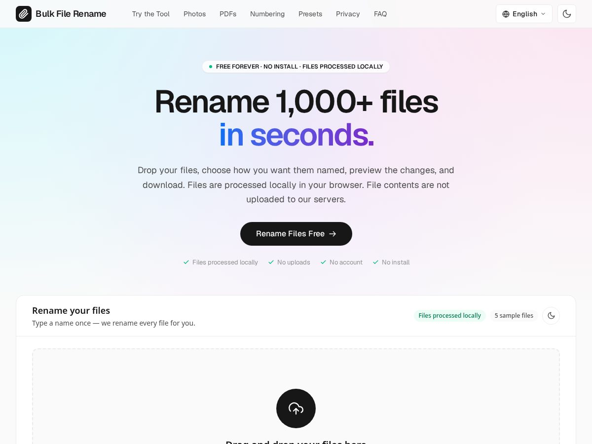 Landing-page snapshot of bulkfilerename.com