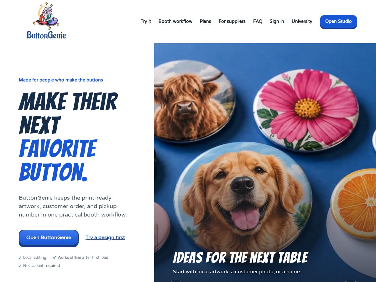 Landing-page snapshot of buttongenie.app