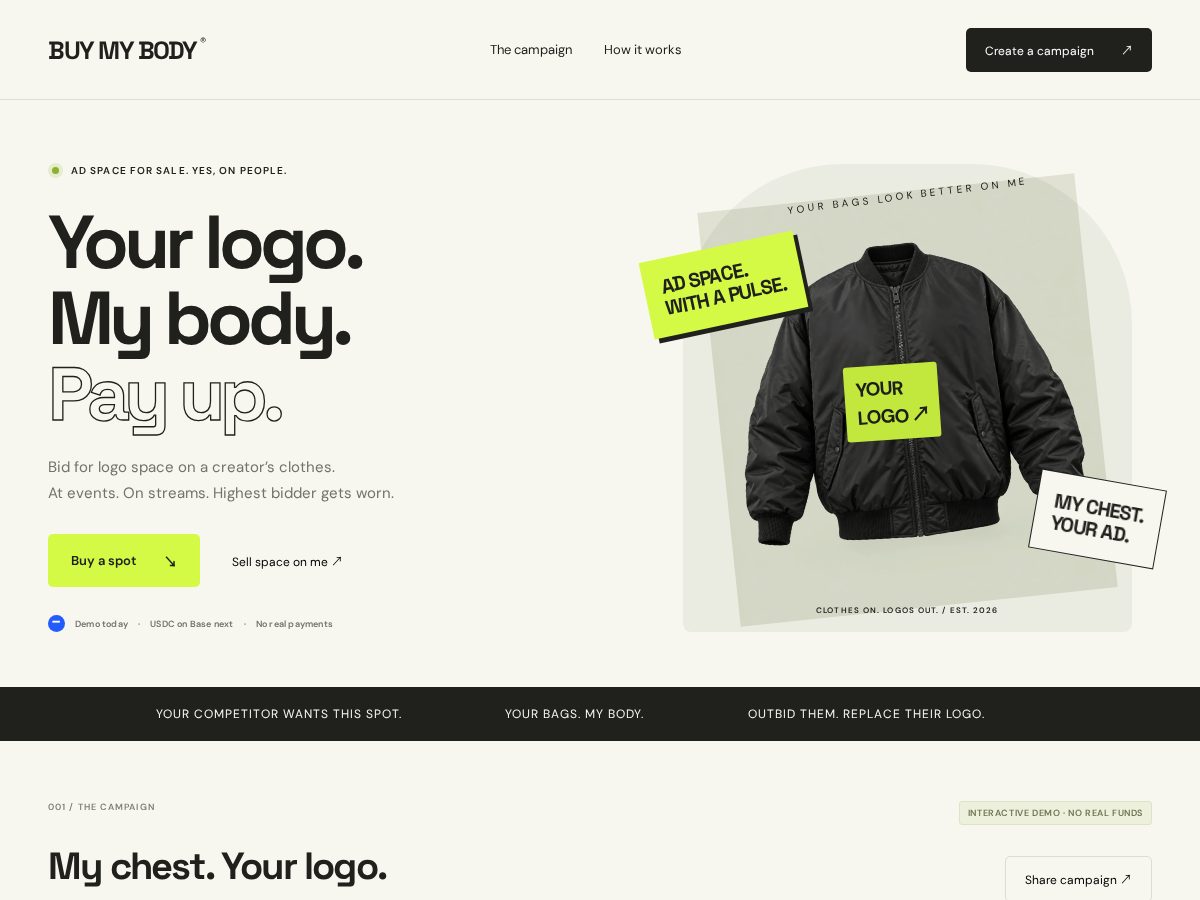 Landing-page snapshot of buymybody.fun