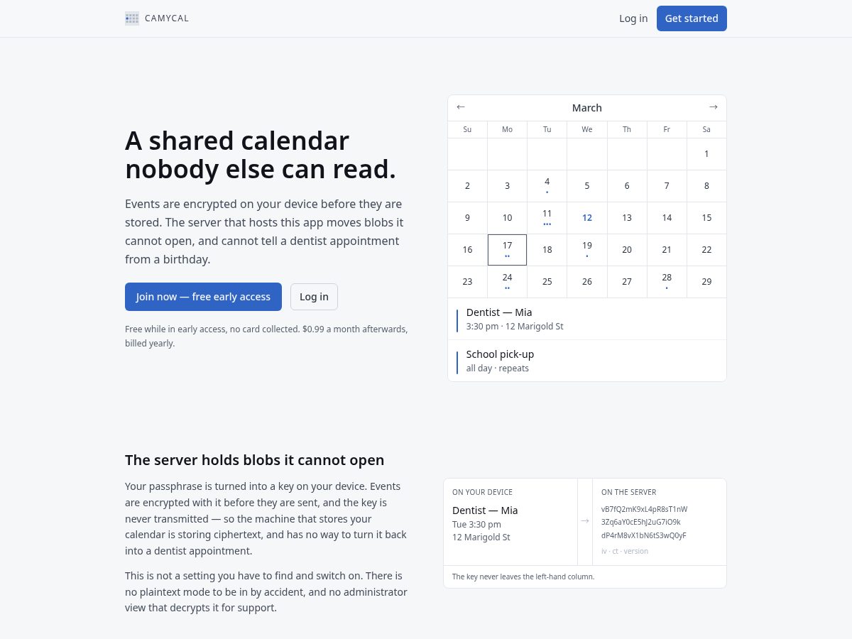 Landing-page snapshot of camycal.com