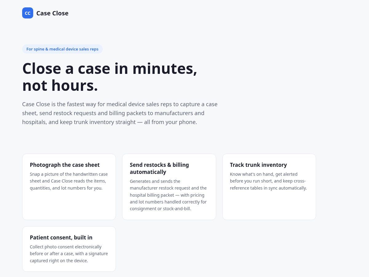 Landing-page snapshot of caseclosemed.com
