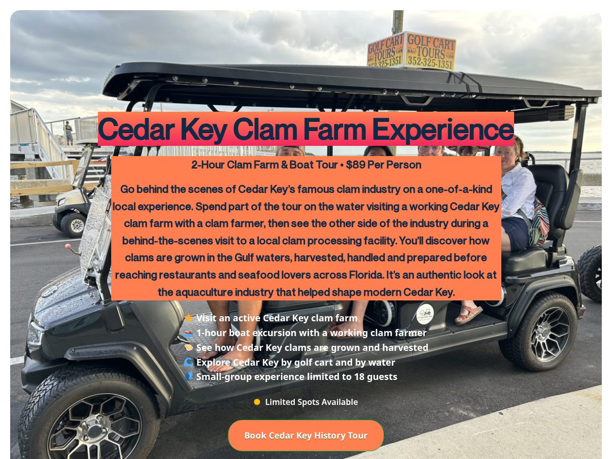 Landing-page snapshot of cedarkeyclamtours.com