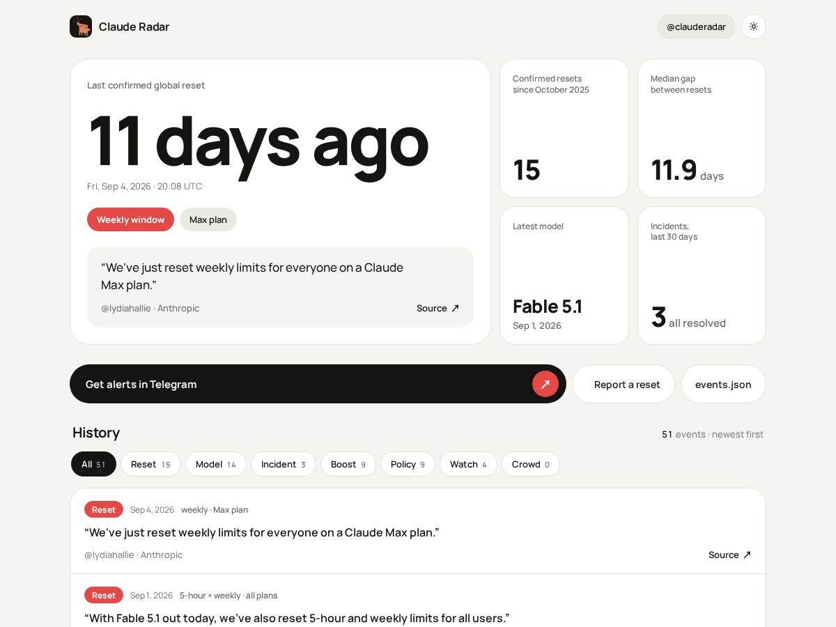 Landing-page snapshot of clauderadar.xyz
