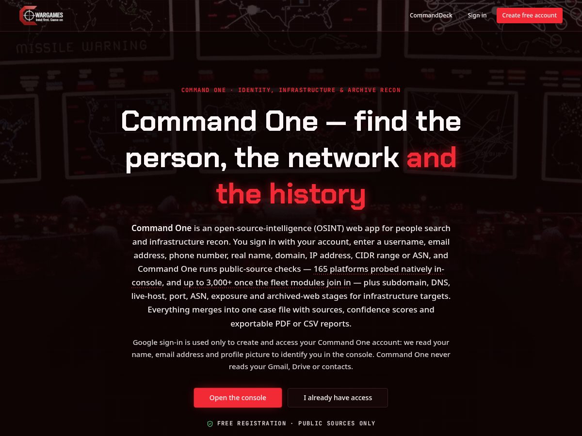 Landing-page snapshot of commandone.org