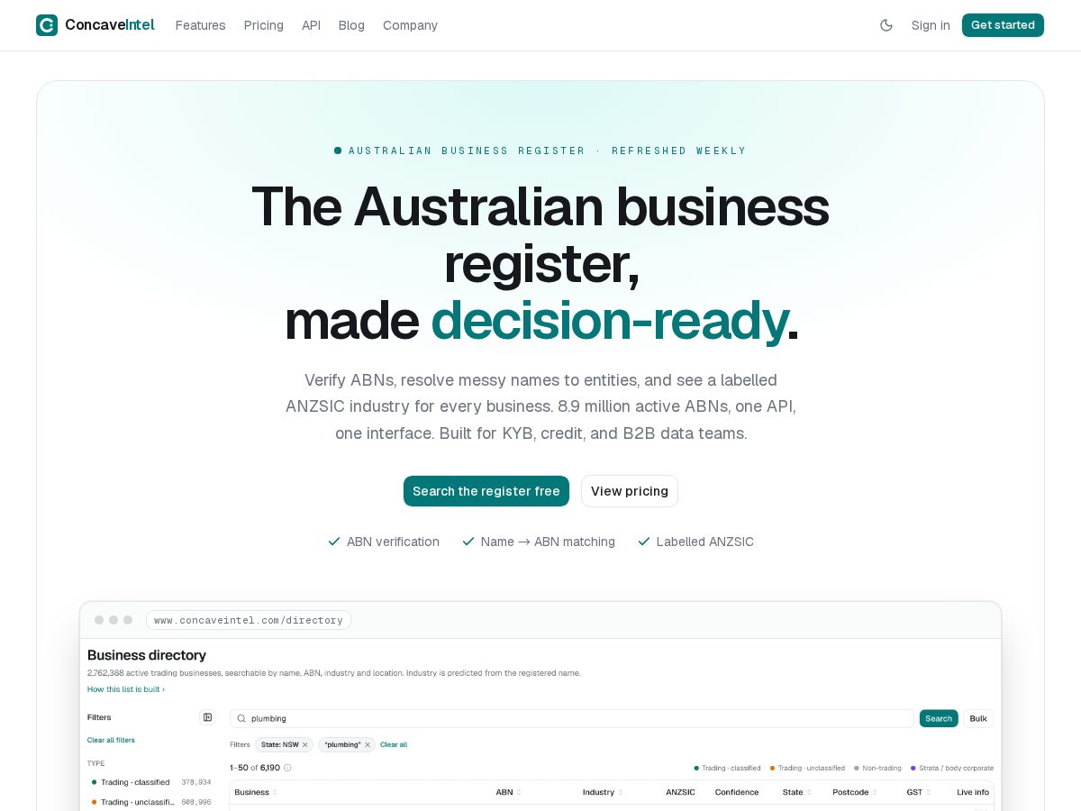 Landing-page snapshot of concaveintel.com