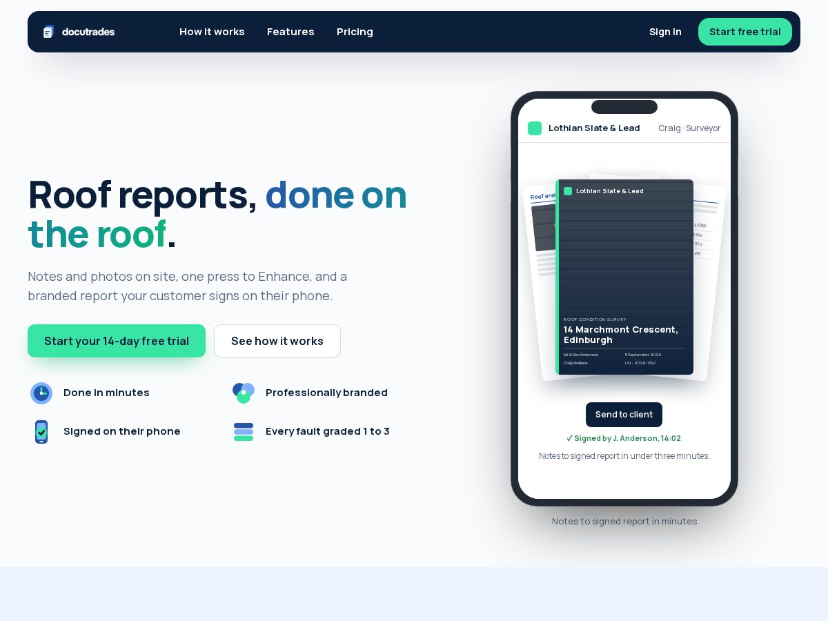Landing-page snapshot of docutrades.com