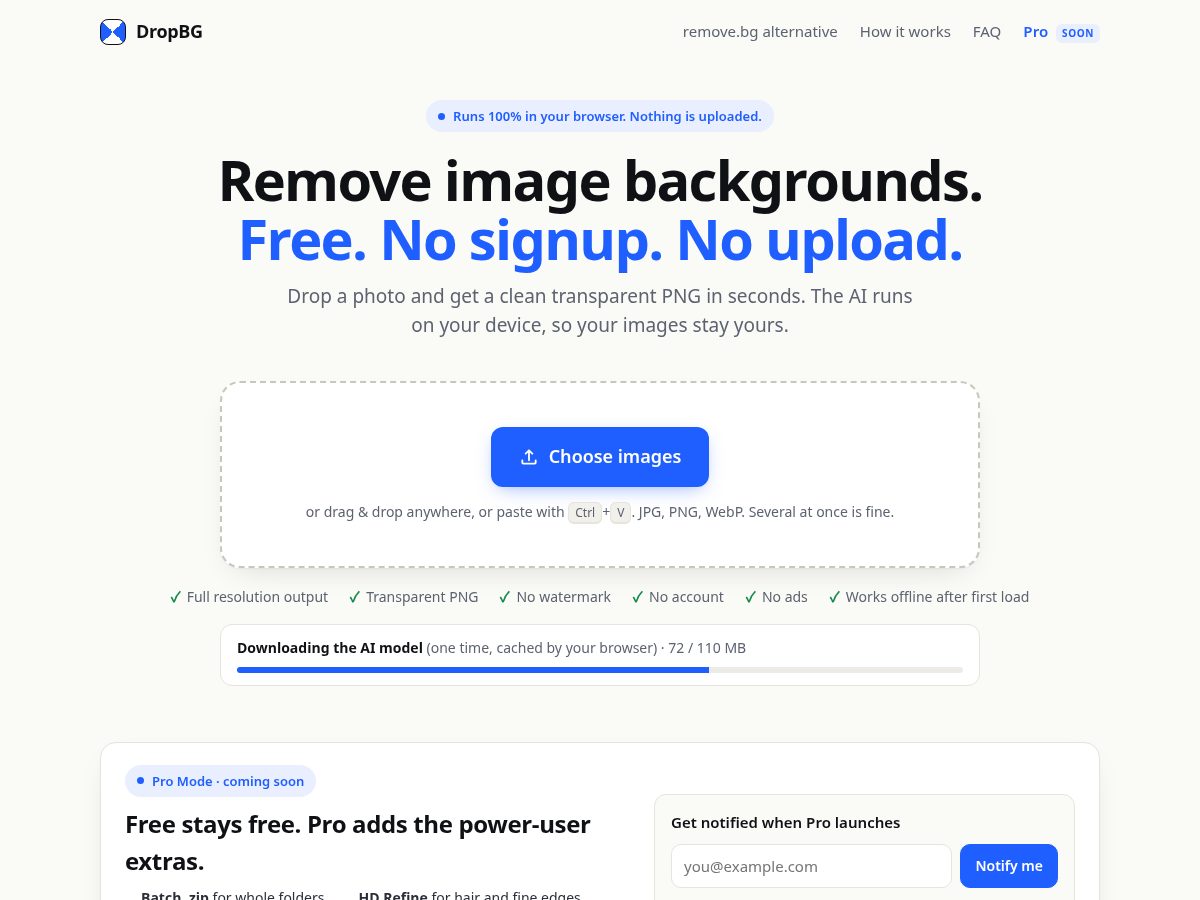 Landing-page snapshot of dropbg.app