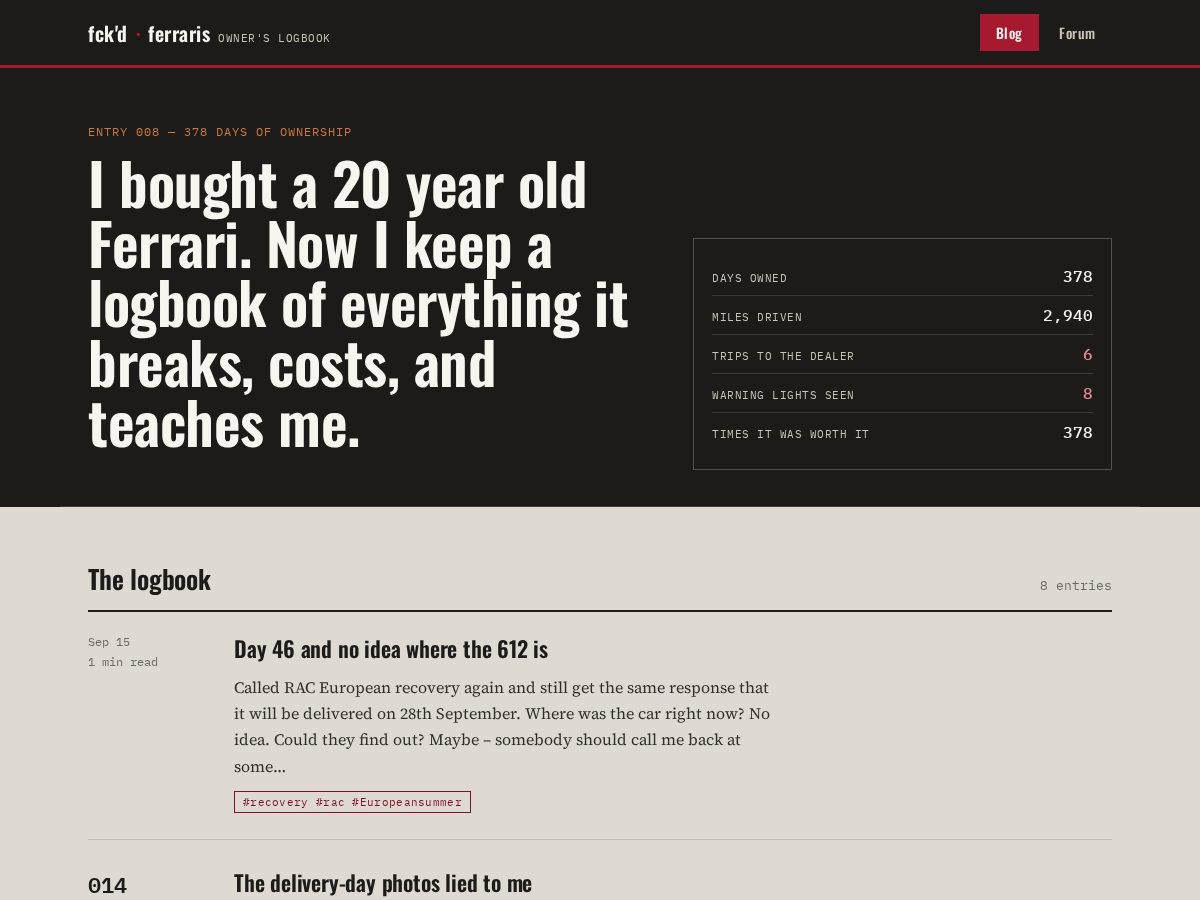 Landing-page snapshot of fckdferraris.com