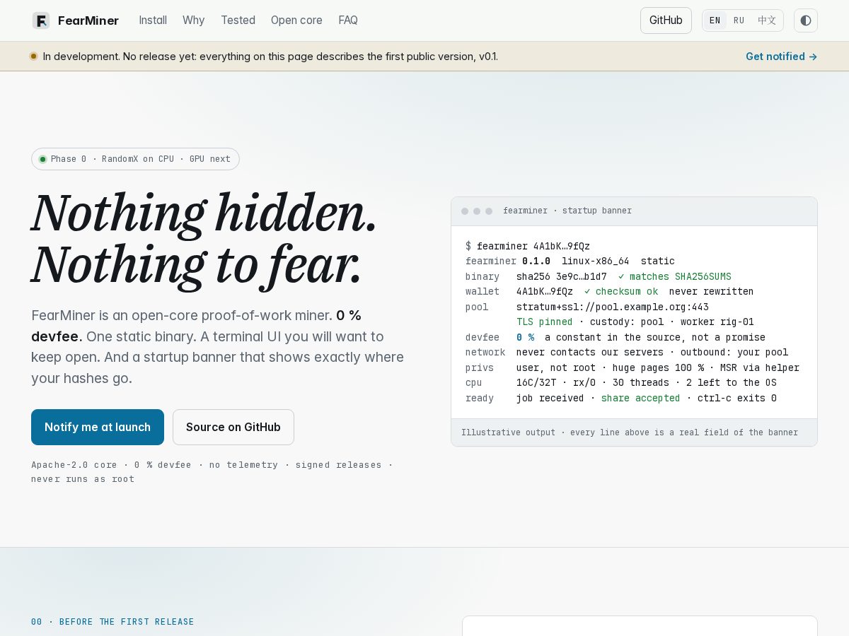 Landing-page snapshot of fearminer.com