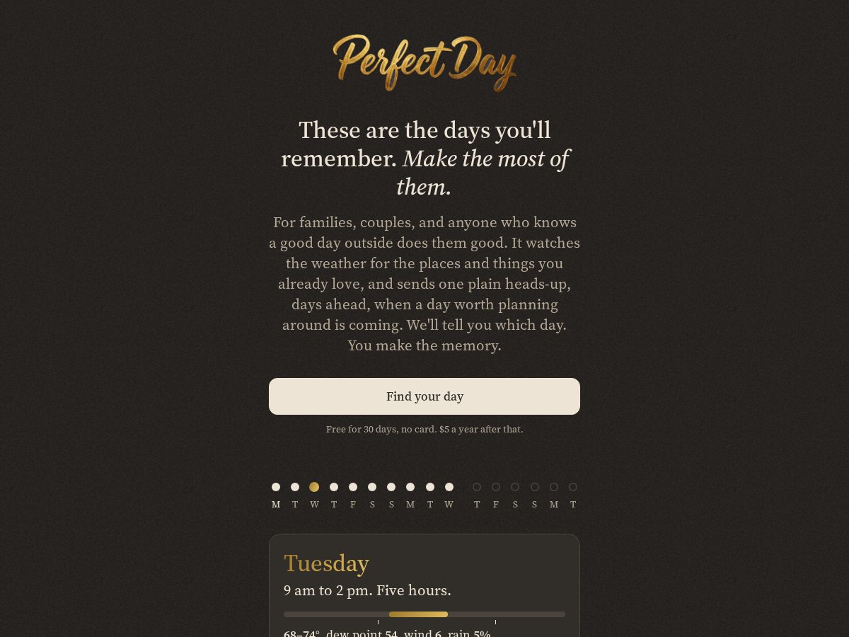 Landing-page snapshot of findperfectdays.app