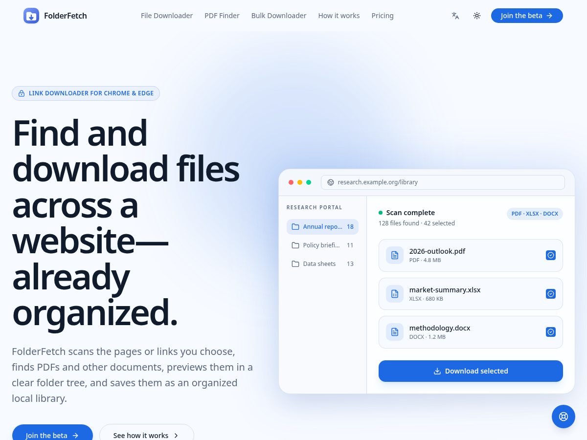 Landing-page snapshot of folderfetch.com