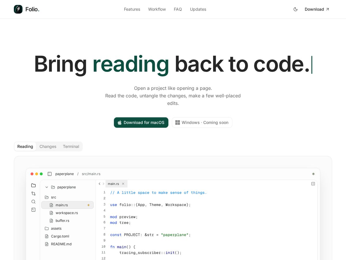Landing-page snapshot of folioedit.dev