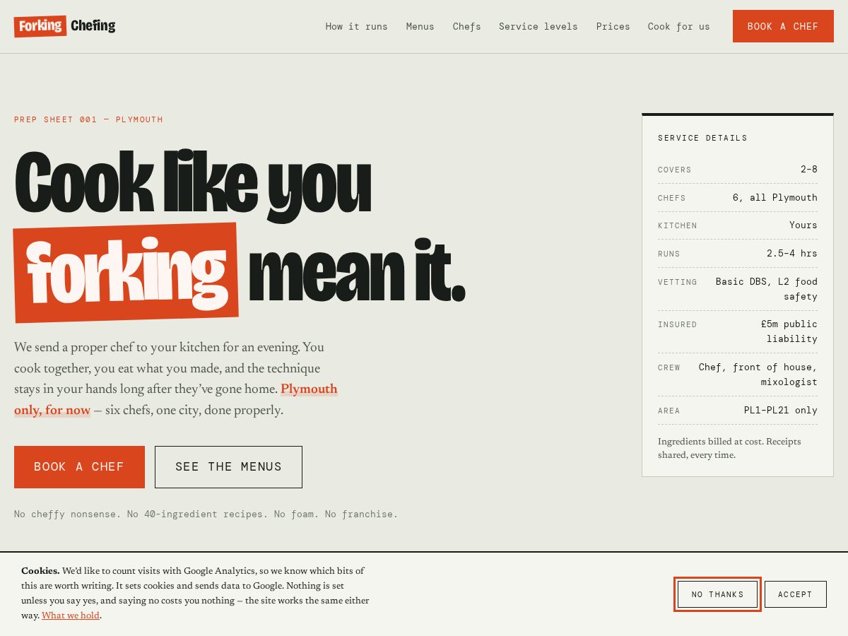 Landing-page snapshot of forkingchefing.com