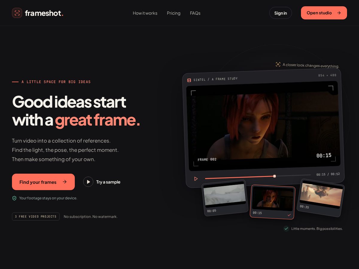Landing-page snapshot of frameshot.studio
