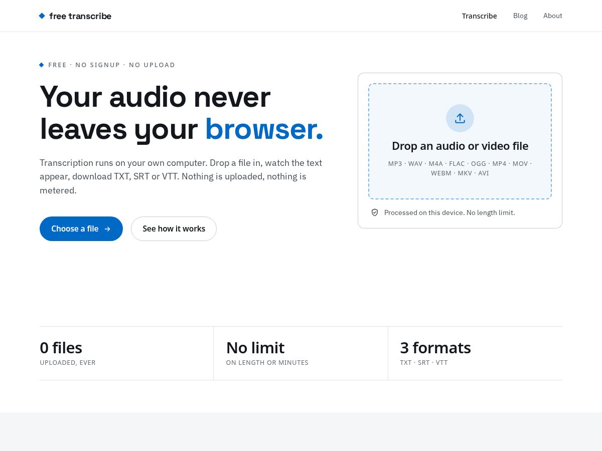 Landing-page snapshot of free-transcribe.com