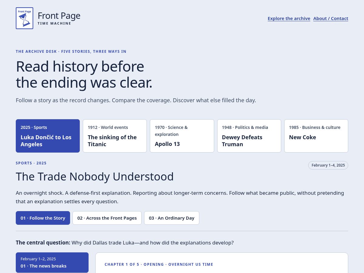 Landing-page snapshot of frontpagetimemachine.com