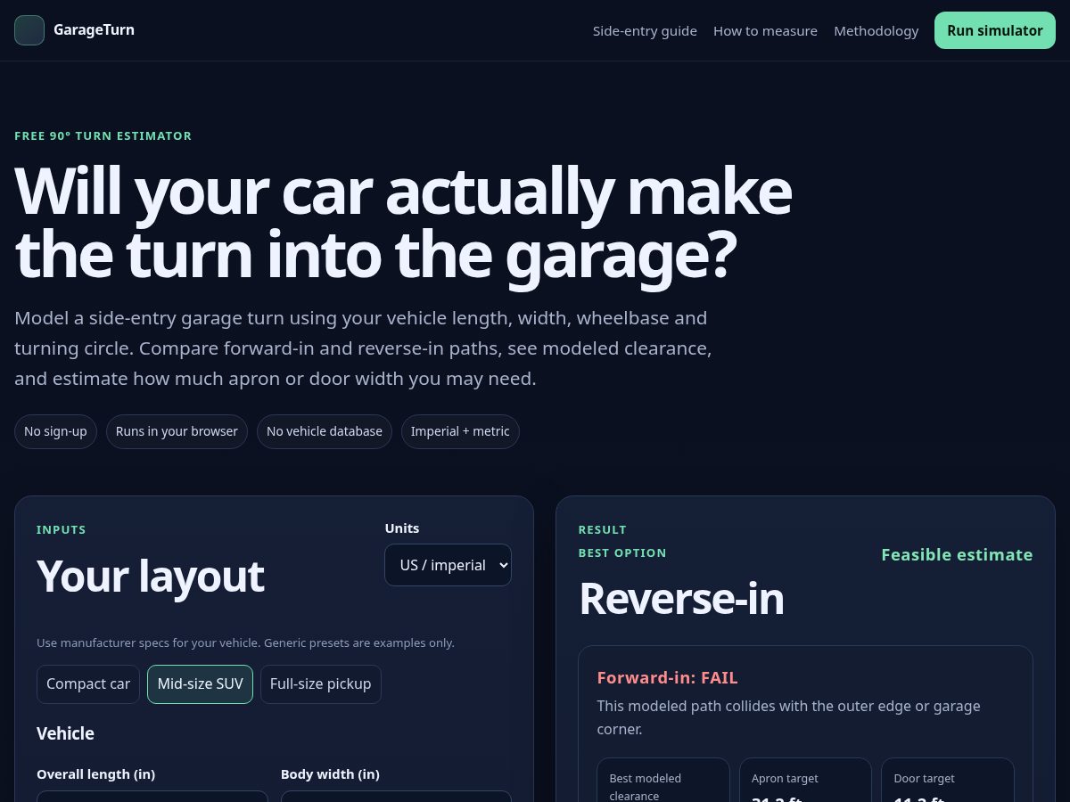 Landing-page snapshot of garageturn.com
