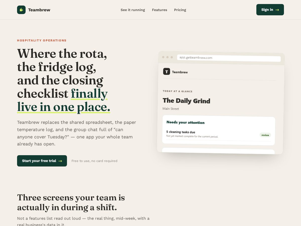 Landing-page snapshot of getteambrew.com