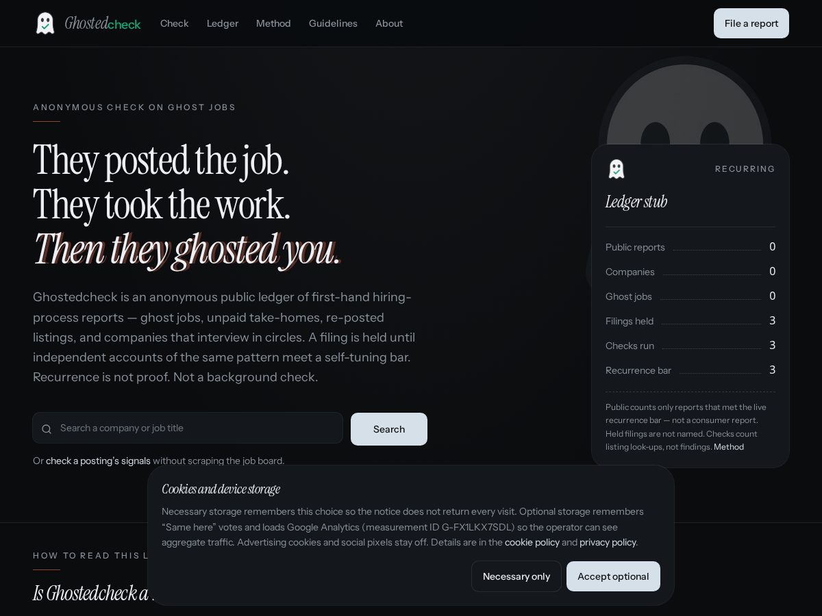 Landing-page snapshot of ghostedcheck.com