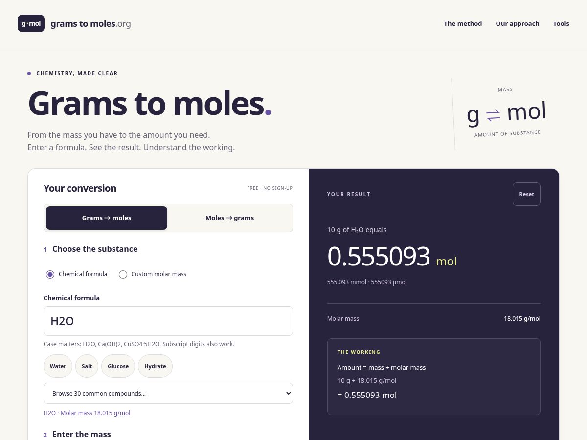 Landing-page snapshot of gramstomoles.org