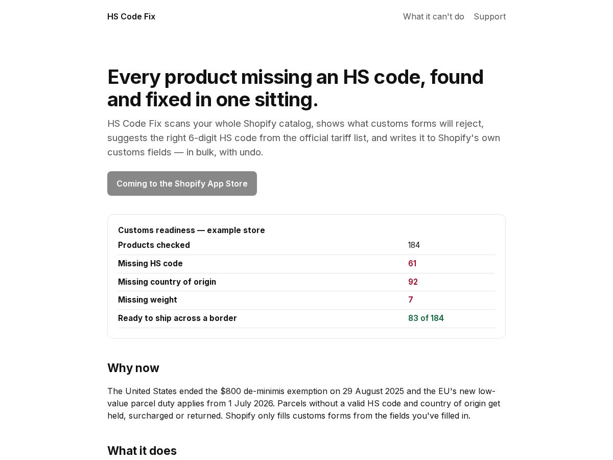 Landing-page snapshot of hscodefix.com