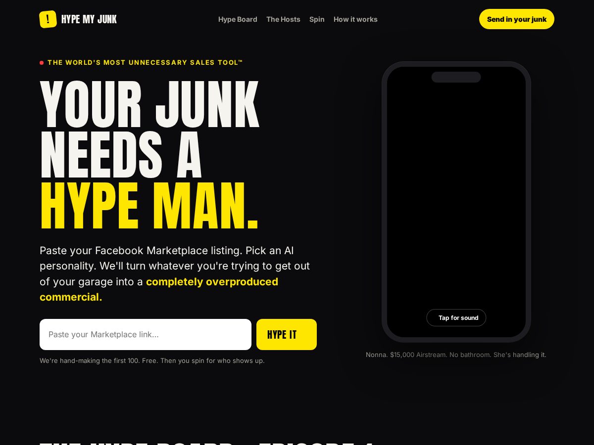 Landing-page snapshot of hypemyjunk.com