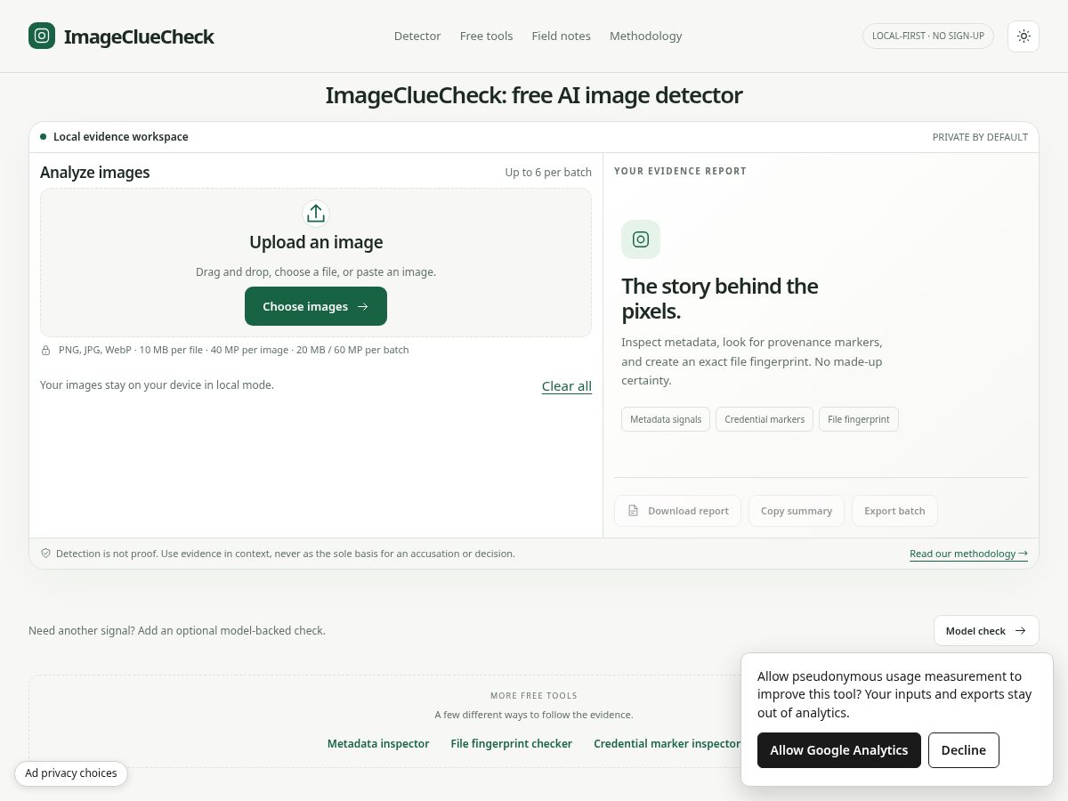 Landing-page snapshot of imagecluecheck.com