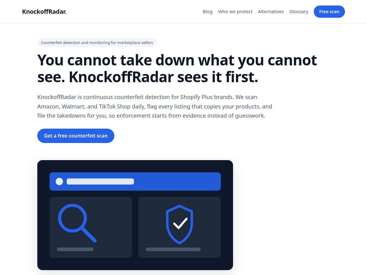 Landing-page snapshot of knockoffradar.com