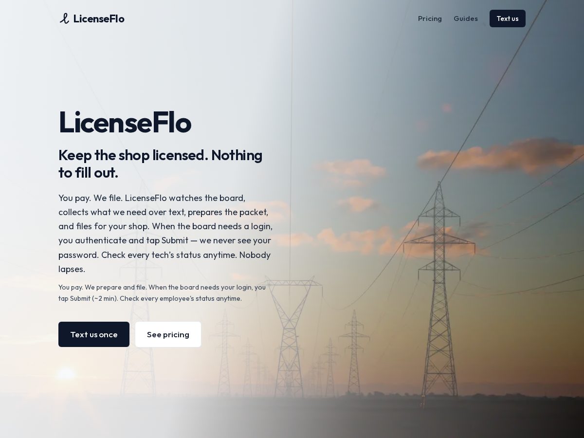 Landing-page snapshot of licenseflo.app