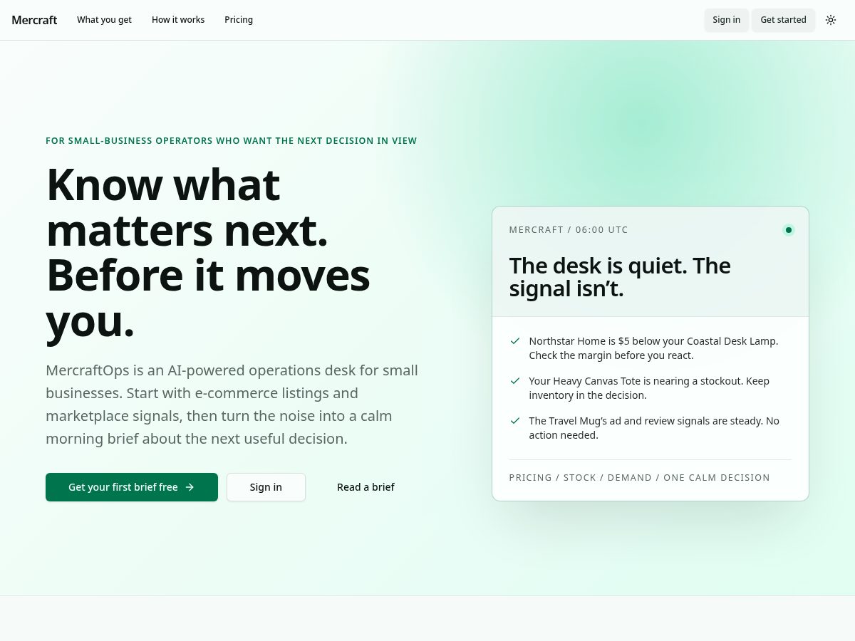 Landing-page snapshot of mercraftops.com