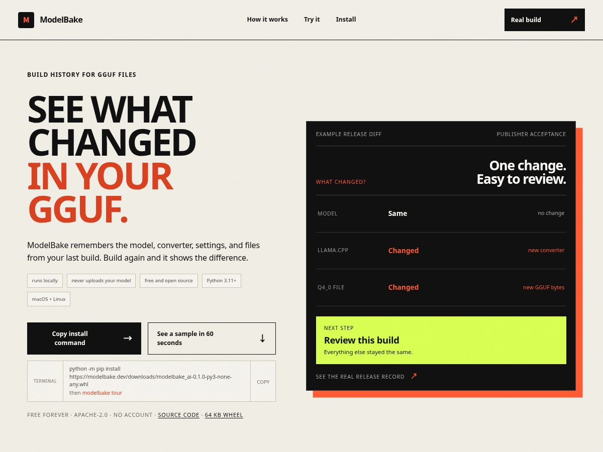 Landing-page snapshot of modelbake.dev