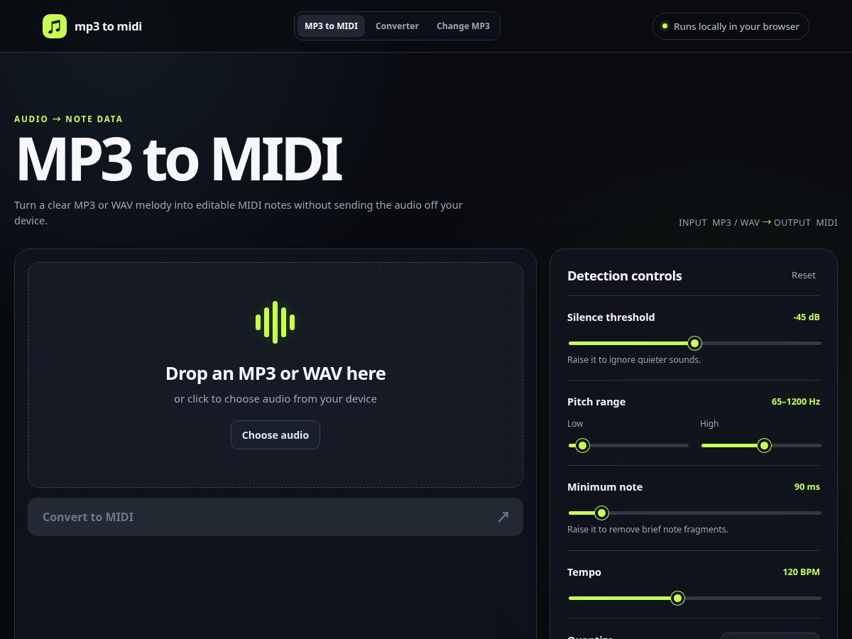 Landing-page snapshot of mp3tomiditool.com