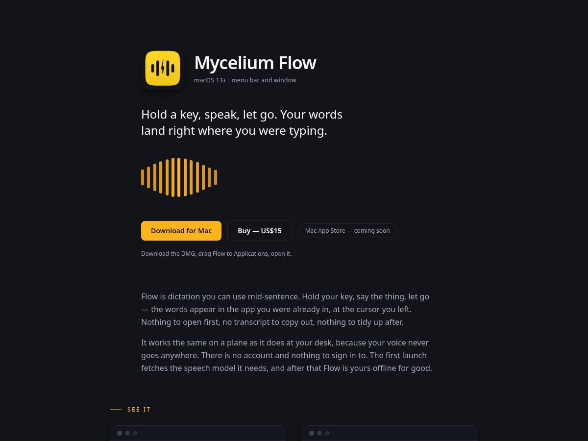 Landing-page snapshot of myceliumflow.app
