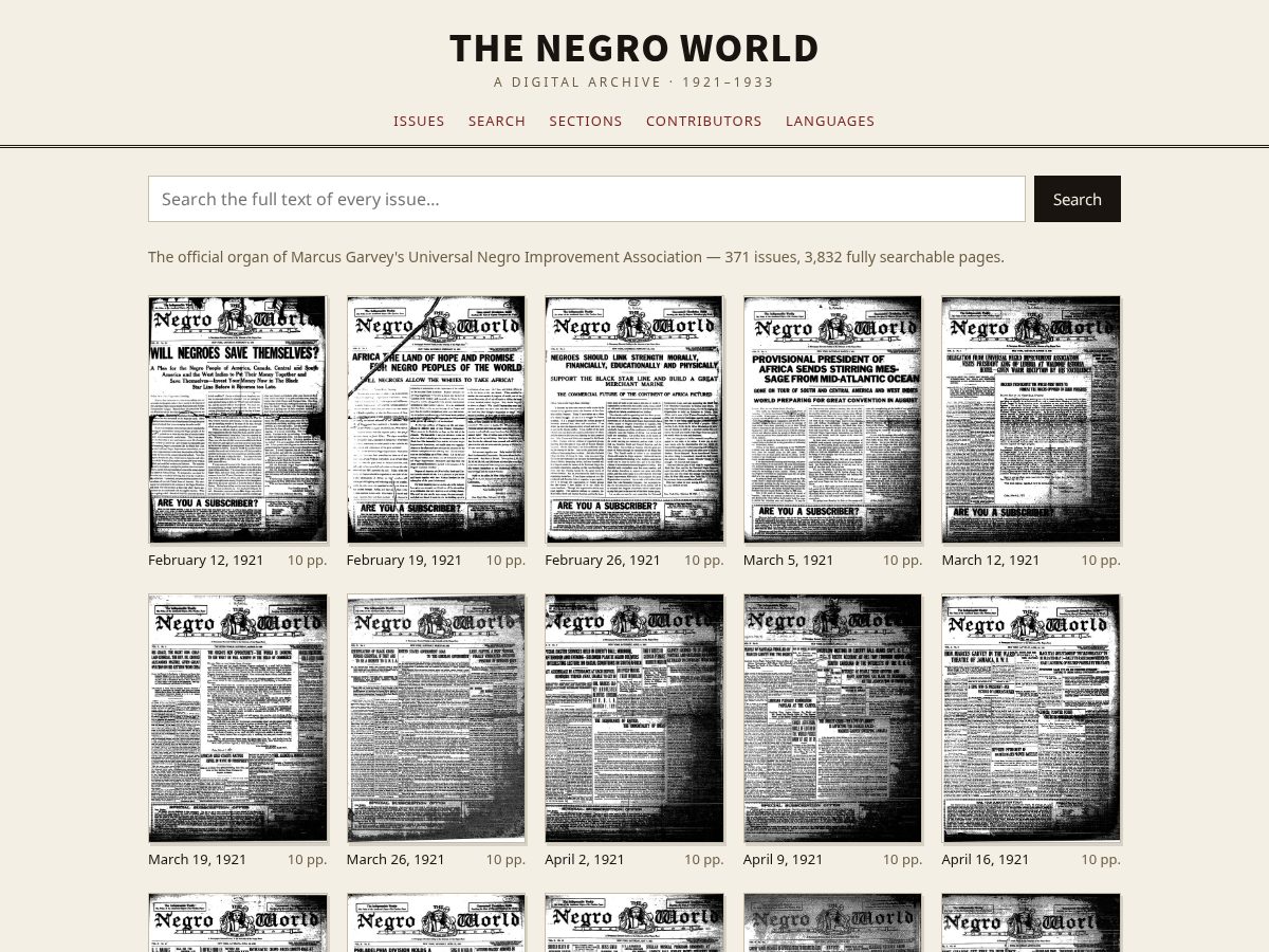 Landing-page snapshot of negroworldarchive.org