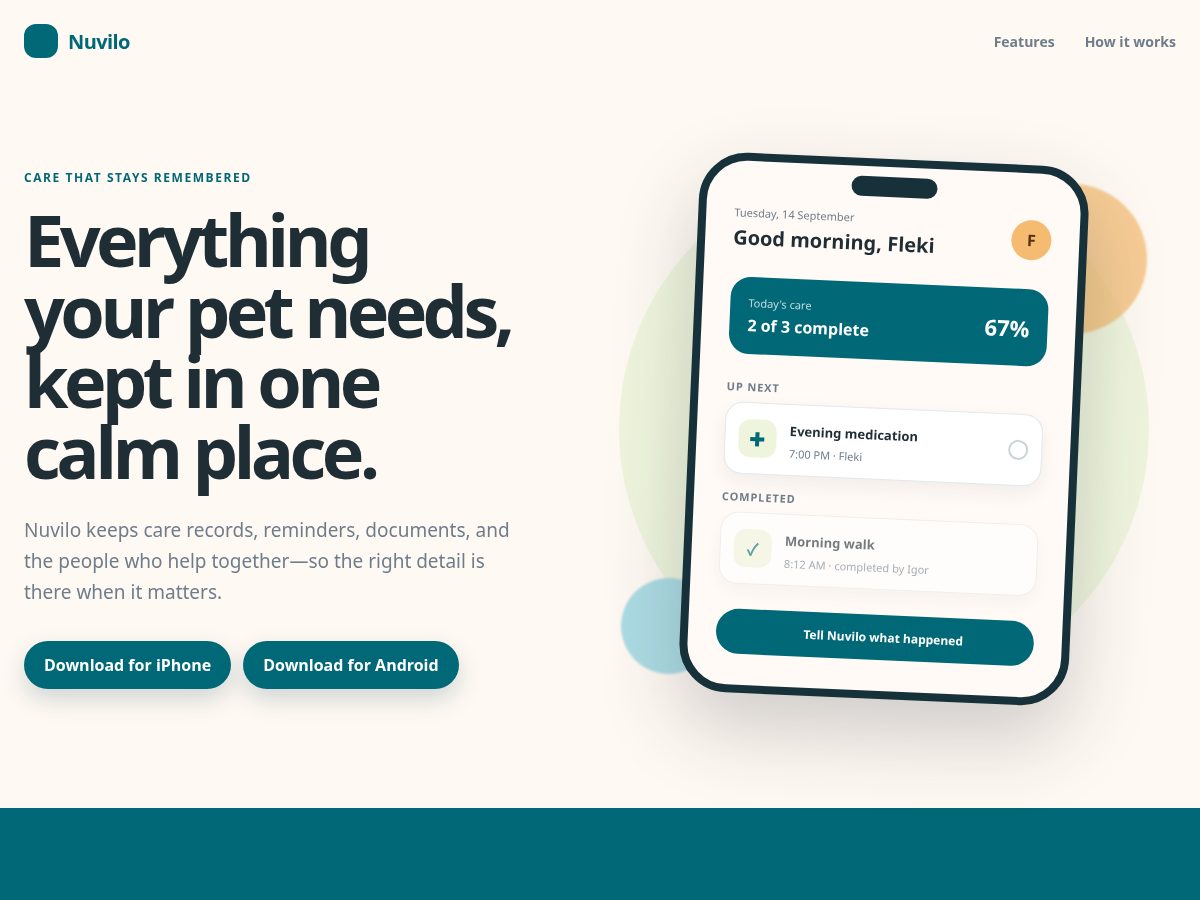 Landing-page snapshot of nuvilo.pet