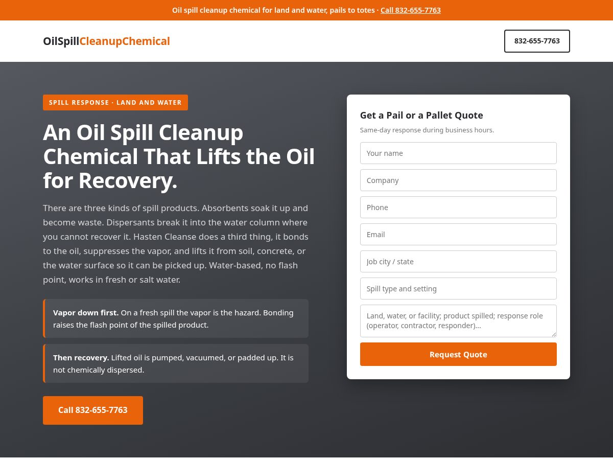 Landing-page snapshot of oilspillcleanupchemical.com