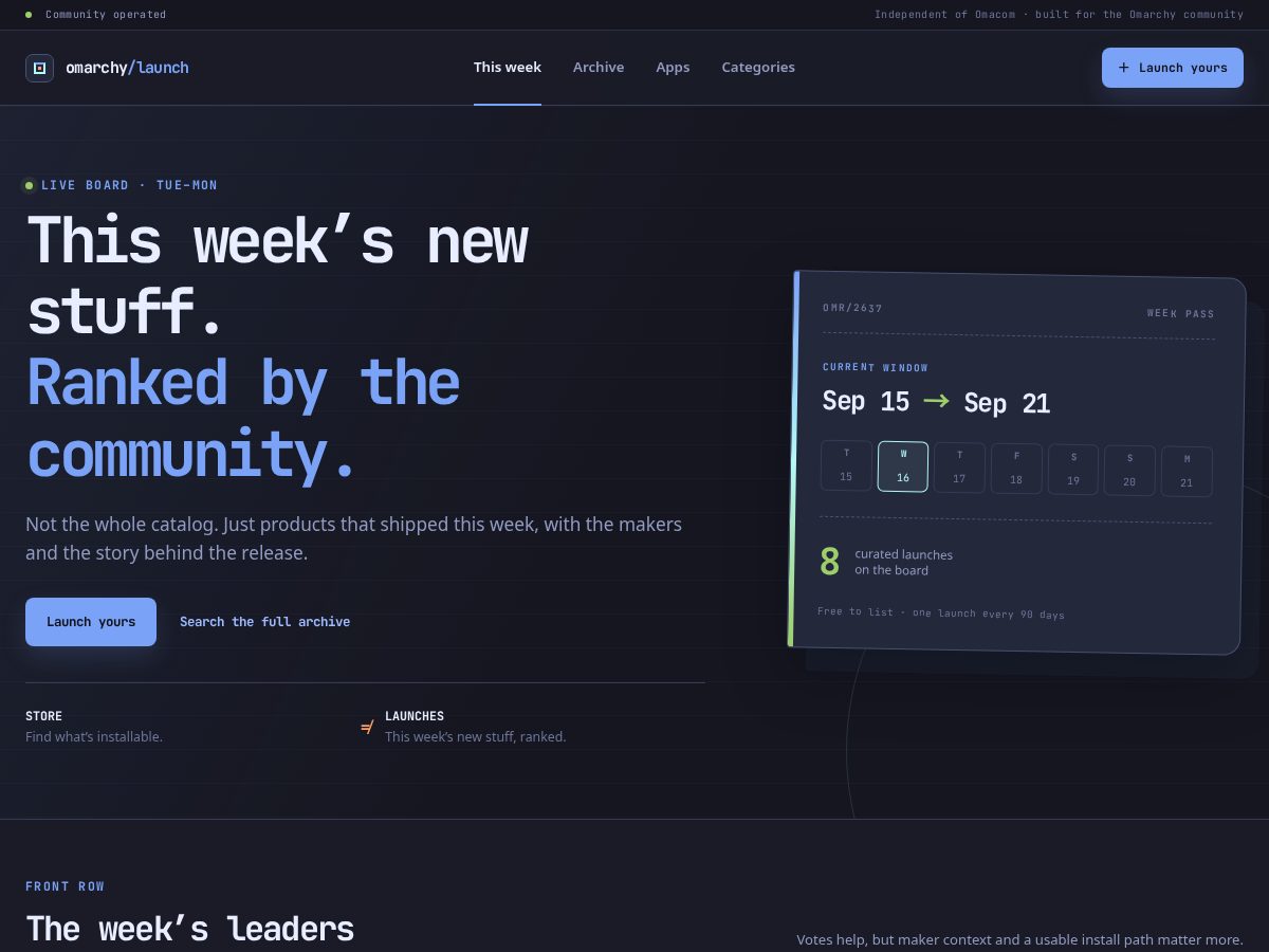 Landing-page snapshot of omarchylaunches.com