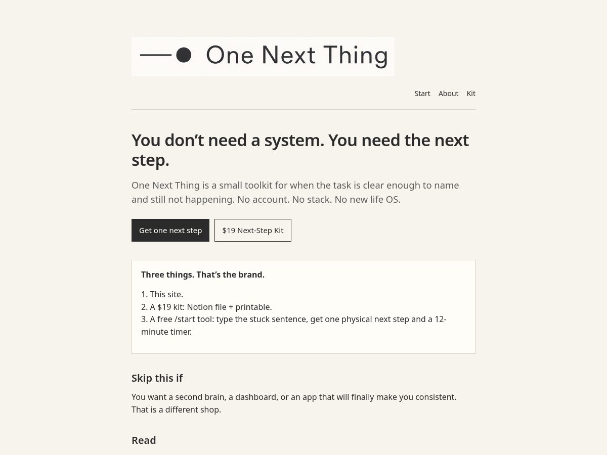 Landing-page snapshot of onenextthing.org