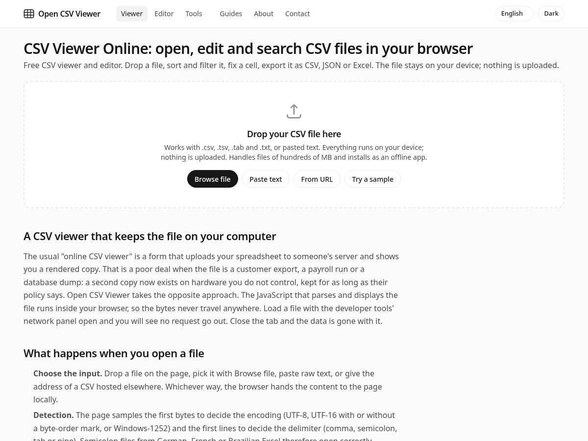 Landing-page snapshot of opencsvviewer.com
