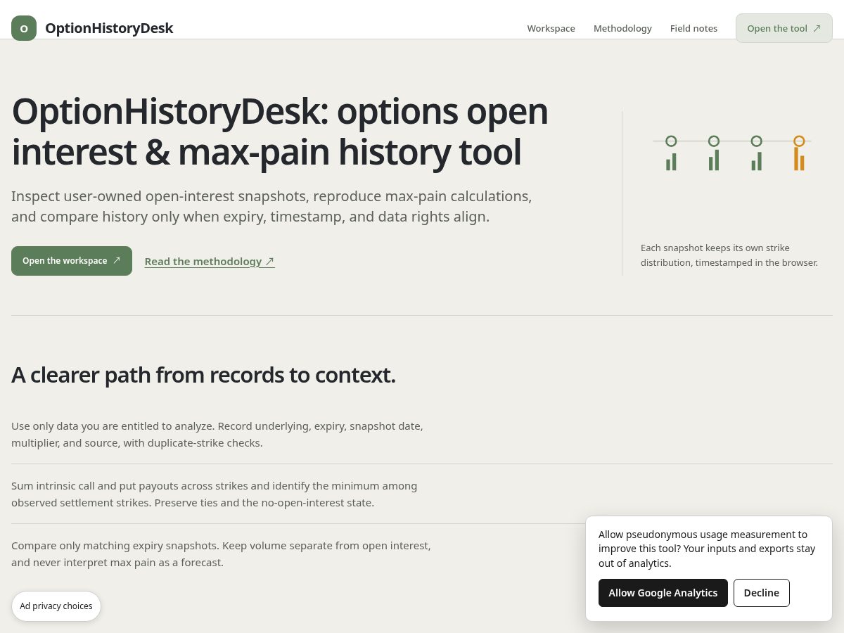 Landing-page snapshot of optionhistorydesk.com
