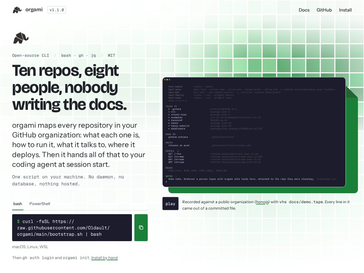 Landing-page snapshot of orgami.dev