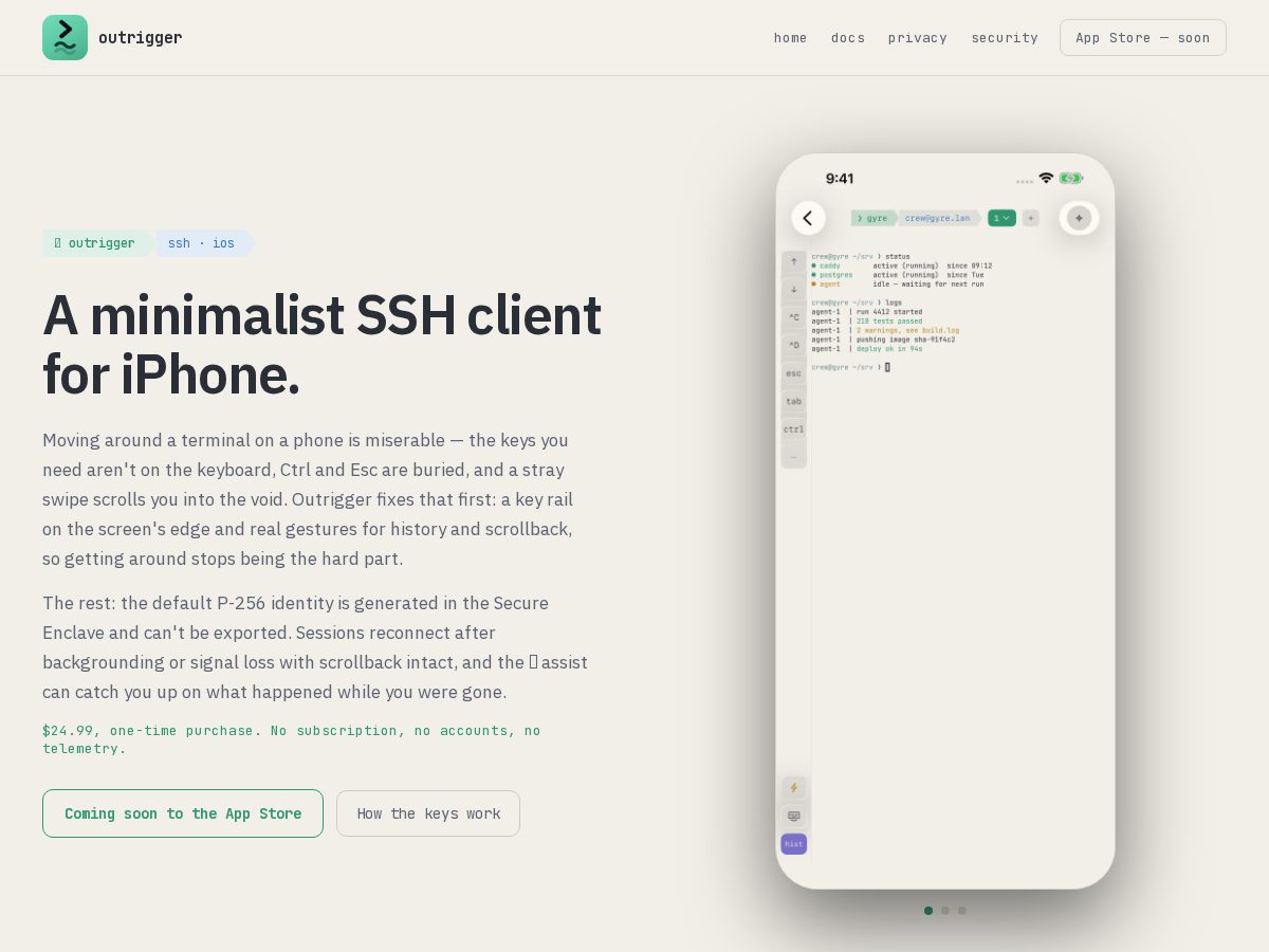Landing-page snapshot of outriggerssh.app
