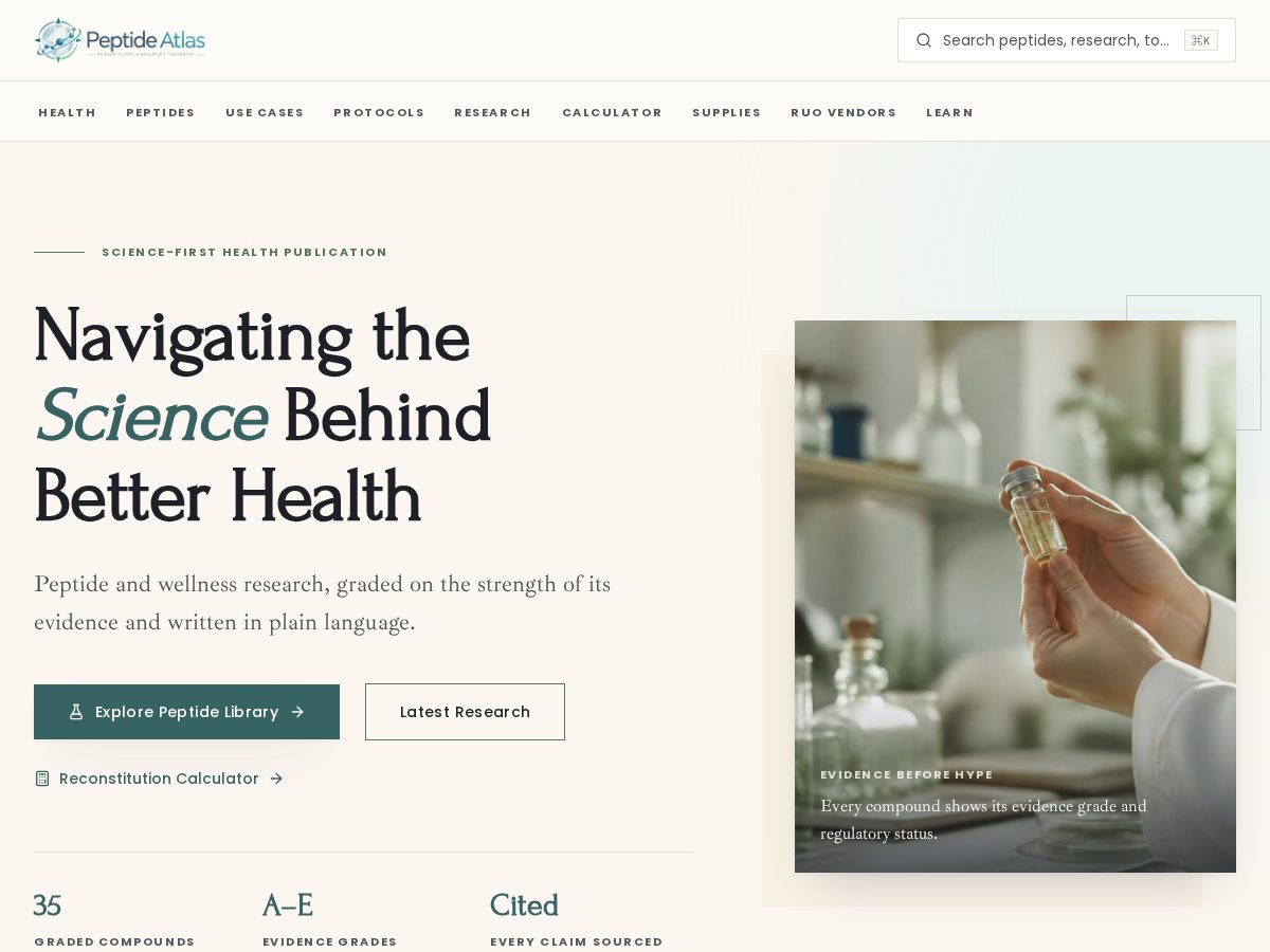 Landing-page snapshot of peptideguide.health