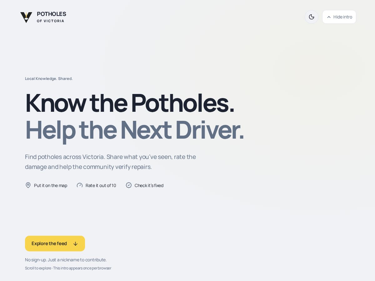 Landing-page snapshot of potholesofvictoria.com
