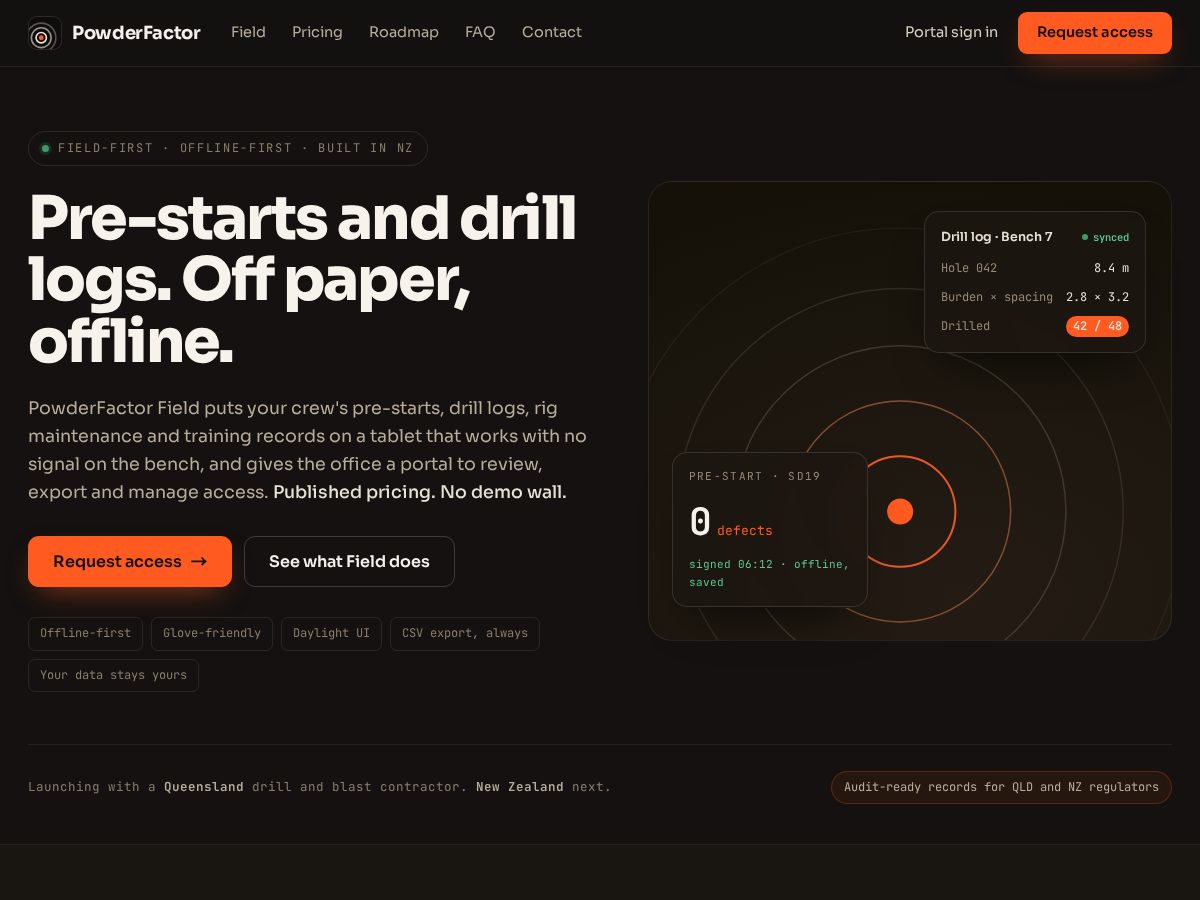 Landing-page snapshot of powderfactor.com