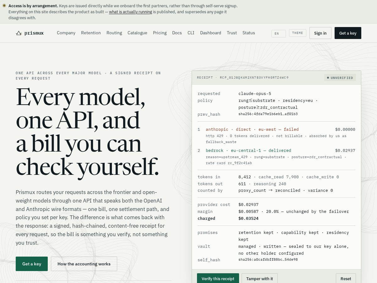 Landing-page snapshot of prismux.dev