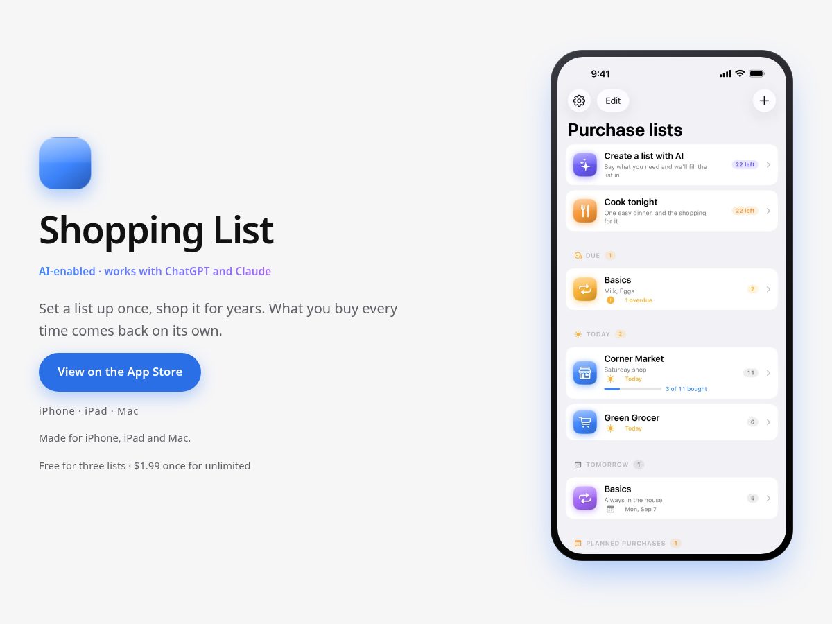 Landing-page snapshot of purchaselist.app