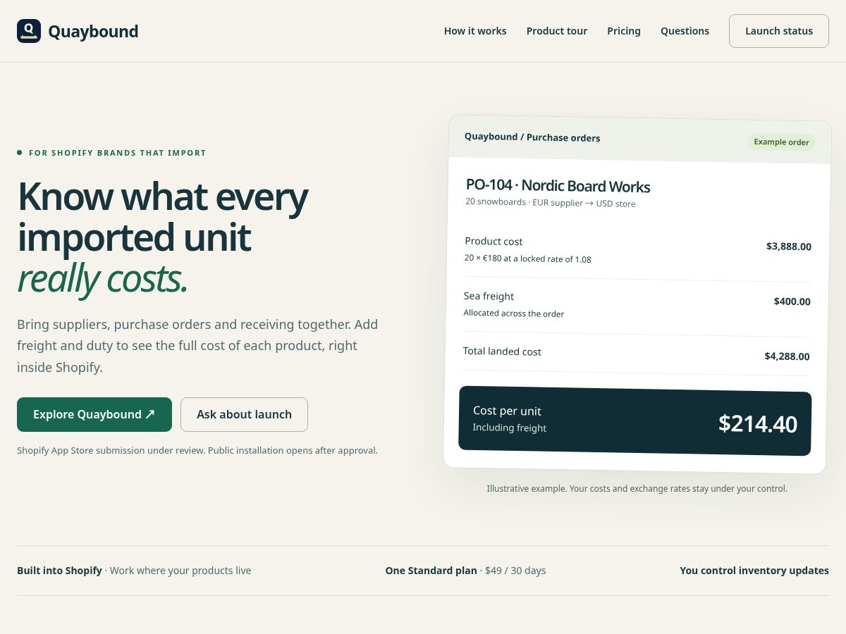 Landing-page snapshot of quaybound.com